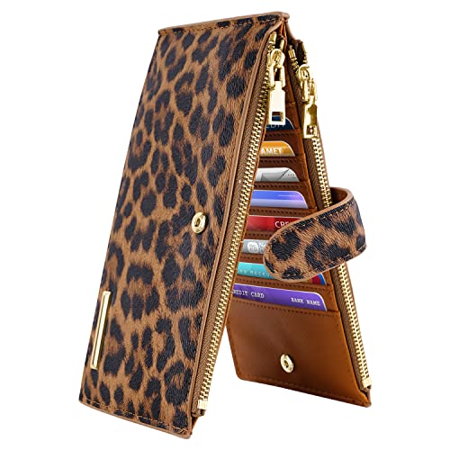 Coco Rossi Womens RFID Blocking Glitter Leather Multi Card Organizer Bifold Black Wallet with Zipper Pocket,Leopard
