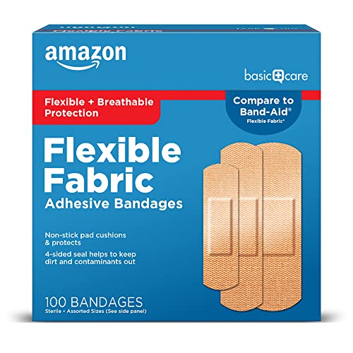 Amazon Basic Care Flexible Fabric Adhesive Bandages, First Aid and Wound Care Supplies, Assorted Sizes, 100 Count