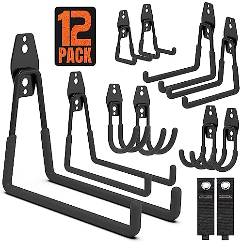 SMARTOLOGY Garage Hooks, 12 Pack Wall Mount Storage Holders with 2 Extension Cord Storage Straps, Heavy Duty for Utility Organizer, Garden Lawn Tools, Ladders Hanger, Bike