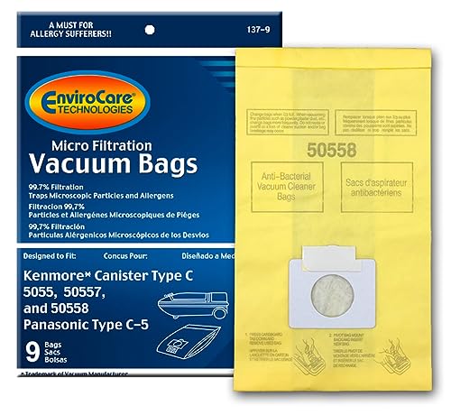 EnviroCare Replacement Vacuum Bags made to fit Kenmore Canister Type C or Q 50555, 50558, 50557 and Panasonic Type C-5 Vacuums, 9 pack