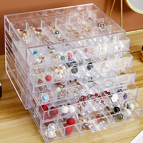 QIYUSHRY Earring Storage Box Acrylic Jewelry Storage Holder Ring Clear Plastic Transparent Jewelry Display Stand with 5 Drawers 120 Small Compartment Tray for Women Girls