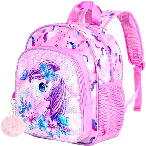 KLFVB Toddler Backpack for Girls,Cute Unicorn Bookbag for Little Kids,12” Sequin Kindergarten Preschool Schoolbag