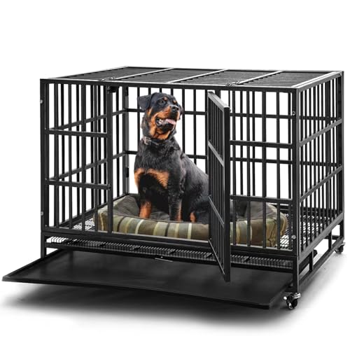 48 inch Heavy Duty Indestructible Dog Crate Steel Escape Proof, Indoor Double Door High Anxiety Cage, Kennel with Wheels, Removable Tray, Extra Large XL XXL