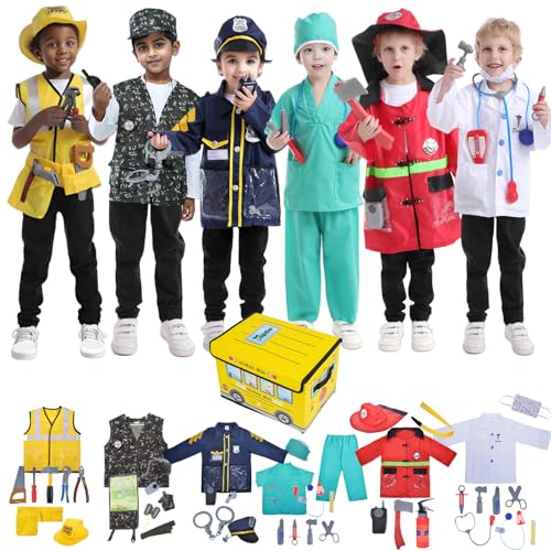 TopTie 6 Sets Kids Costumes with Storage Box, Dress Up Pretend Play Uniforms with Accessories Aged 3-7