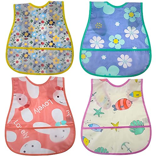 Baby Bibs Waterproof Baby Bib Infant with Snaps Fits Baby & Toddler 6-24 Months- 4pcs(Floral Bunny Fish)