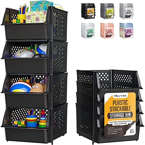 Skywin Plastic Stackable Storage Bins for Pantry - 4-Pack Black Stackable Bins For Organizing Food, Kitchen, and Bathroom Essentials