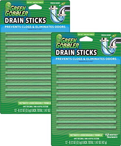 Green Gobbler Drain Cleaner & Deodorizer FRESH SCENT Sticks for Toilet Tanks, Sinks, Bathtub Drains, Washing Machine Drains and Garbage Disposals - 24 Pieces