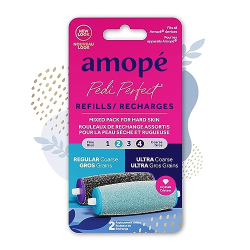 Amope Pedi Perfect Electric Callus Remover Foot File Roller Head Refills, with Diamond Crystals, Removes Hard & Dead Skin, Mixed Pack for Hard Skin, 1 Regular Coarse & 1 Ultra Coarse Refill – 2 Count