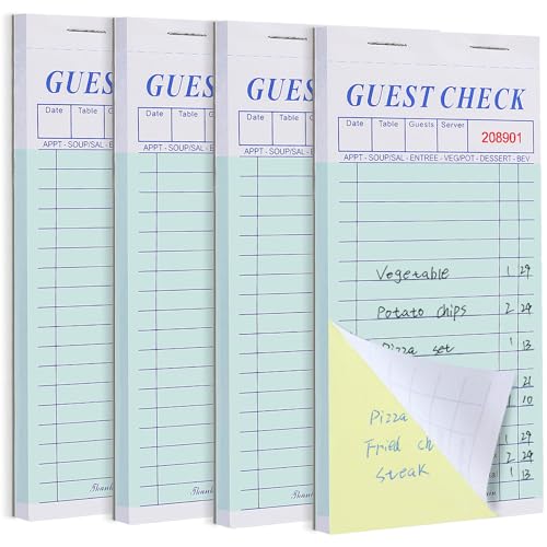 4 Pack Server Note Pads, Double Part Guest Check Books for Servers, Waitress Notepad for Restaurants Food Order, 100 Sheets/Pad, Carbon Copy for Guest Checks
