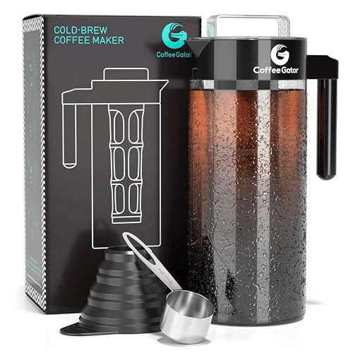 Coffee Gator Cold Brew Coffee Maker - 47 oz Iced Tea and Cold Brew Maker and Pitcher w/Glass Carafe, Filter, Funnel & Measuring Scoop - Black