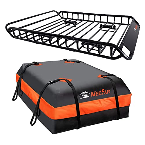 MeeFar Roof Rack Carrier Basket Universal Rooftop 51' X 36' X 5' + Waterproof Bag 15 Cubic Feet (44' 34' 17'), and Cargo Net with Attachment Hooks, Ratchet Straps