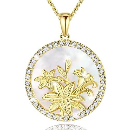 Agvana Mothers Day Gifts for Mom Gold Plated Sterling Silver May Birth Flower Lily of The Valley Pendant Necklace for Women Mother of Pearl CZ Halo Necklace Fine Jewelry Birthday Gifts for Women Girls Wife