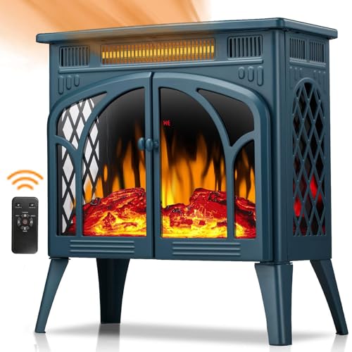 Joy Pebble Electric Fireplace Stove Heater,23'' Electric Fireplace, Fireplace Heater with 3D Logs and 4 Realistic Flame,1500w,DarkGreen