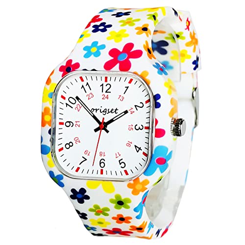 origset Nurse Watch Colorful Flowers Printing for Medical Students Teachers Doctors 3-Hand 24 Hour Square Water Proof Large Numbers (Flowers White)