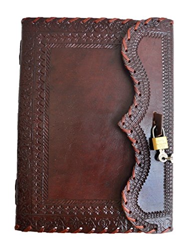 jaald 10' Leather Journal with lock Writing Pad Blank Notebook Handmade Notepad Men & Women Unlined Paper Best Present Art Sketchbook Travel Diary To Write Book Of Shadow Refillable Grimoire Maroon