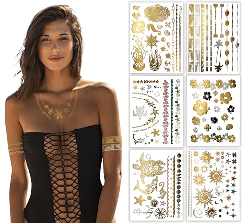 Terra Tattoos Gold Metallic Tattoo Flash Sheets Designs of Seashells, Sun, Flowers & more! Face Tattoos for Women Waterproof Nontoxic Long Lasting 75+ Designs for Vacation, Festivals Parties - Gold