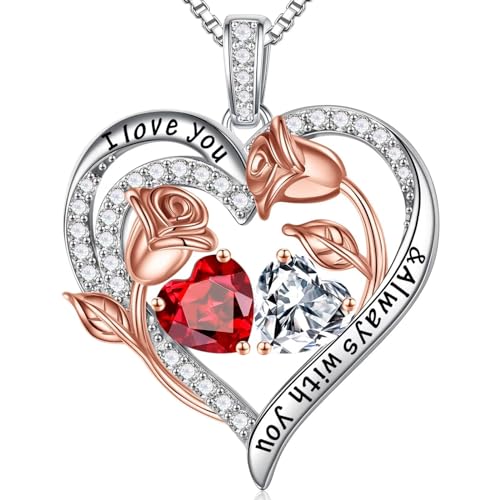 Iefil Birthday Gifts for Women, January April Birthstone Necklace Garnet Topaz Jewelry Rose Heart Anniversary Necklace Gift for Her Wife Girlfriend Mom Daughter Friends Female Womens Necklace