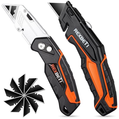 REXBETI 2-Pack Utility Knife, SK5 Heavy Duty Retractable Box Cutter for Cartons, Cardboard and Boxes, Blade Storage Design, Extra 10 Blades Included（Total 18 Blades）