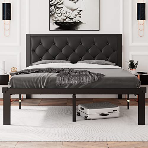 Feonase Queen Size Metal Bed Frame with Faux Leather Button Tufted Headboard, Heavy-Duty Platform Bed Frame with 12' Storage, Steel Slats Support, No Box Spring Needed, Noise Free, Black