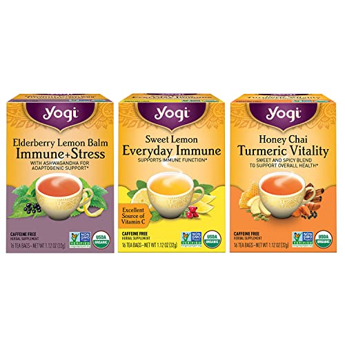 Yogi Tea Immune Support Tea Variety Pack - 16 Tea Bags per Pack (3 Packs) - Immunity Support Tea Sampler Set - Sweet Lemon Everyday Immune Tea, Honey Chai Turmeric Vitality Tea & More