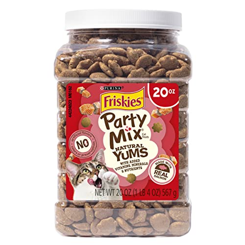 Purina Friskies Natural Cat Treats Party Mix Natural Yums With Real Salmon and Added Vitamins, Minerals and Nutrients - 20 oz. Canister