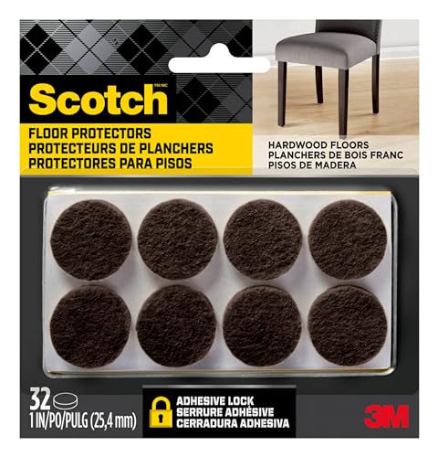 Scotch Felt Pads 32 PCS Brown, Felt Furniture Pads for Protecting Hardwood Floors, 1' Round, Easy-to-apply, Self-Stick design, Reliable protection from nicks, dents and scratches (SP822-NA)