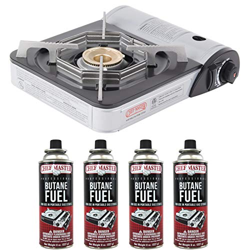 Chef Master 90011 Portable Butane Stove | 10,000 BTU Outlet | Camp Kitchen Equipment | Emergency Stove | Hurricane Stove | Single Burner Camp Stove | Camping Cooking Stove + 4 Fuel Canisters