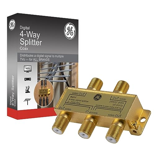 GE Digital 4-Way Coaxial Cable Splitter, 2.5 GHz 5-2500 MHz, RG6 Compatible, Works with HD TV, Satellite, High Speed Internet, Amplifier, Antenna, Gold Plated Connectors, Corrosion Resistant, 33527