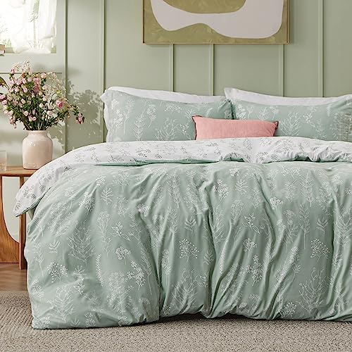 Bedsure Duvet Cover Queen Size - Reversible Floral Duvet Cover Set with Zipper Closure, Green Bedding Set, 3 Pieces, 1 Duvet Cover 90'x90' with 8 Corner Ties and 2 Pillow Shams 20'x26'