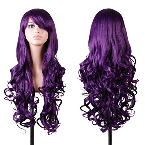 EmaxDesign Wigs 32 inch Wavy Curly Cosplay Wig With Wig Cap and Comb (Dark Purple)