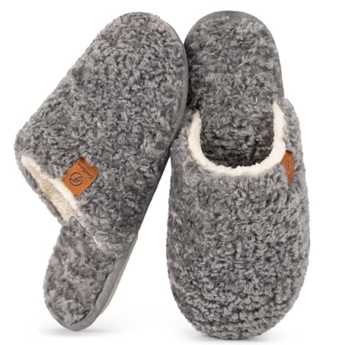 EverFoams Women's Fuzzy Wool-Like Memory Foam Slip on House Slippers Cozy Soft Indoor Outdoor Ladies Home Shoes Light Gray, 7-8 US