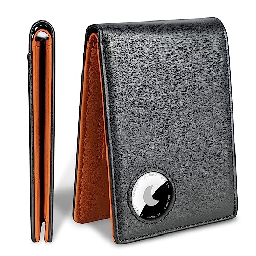 BROSHOPP AirTag Wallet Men, Bifold Genuine Leather Rfid Blocking AirTag Wallet with Cash Slots ID Window, Compatible Apple Air Tag Holder with Gift Box