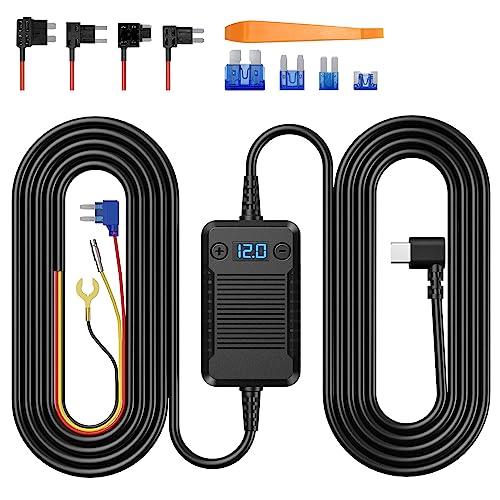 Dash Cam Hardwire Kit, Veement Type-C Hardwire Kit for Dash Camera V200, V200Pro, T90X, VT10, 11.5ft,12V 24V to 5V Car Dashboard Cam Charger Power Cable with Low Voltage Protection,Include 4 Fuse Taps