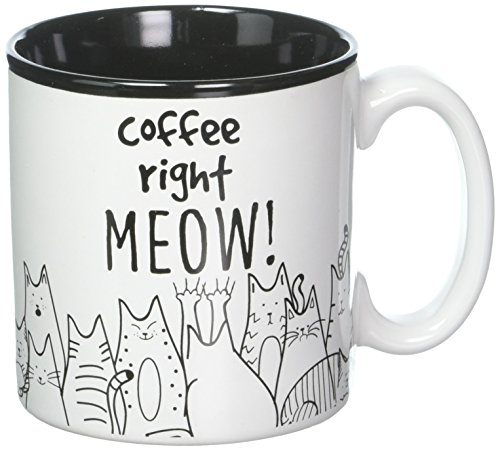 BnB Cat Lovers Mug Coffee Right Meow Funny Message Novelty Ceramic Cup for Java, Hot Tea or Hot Chocolate 13 oz 3.75 in H x 5 in W x 3.5 in D, Black and White with Feline Animated drawings, One in box