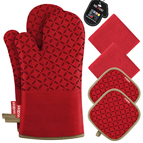 KEGOUU Oven Mitts and Pot Holders 6pcs Set, Kitchen Oven Glove High Heat Resistant 500 Degree Extra Long Oven Mitts and Potholder with Non-Slip Silicone Surface for Cooking (Red)