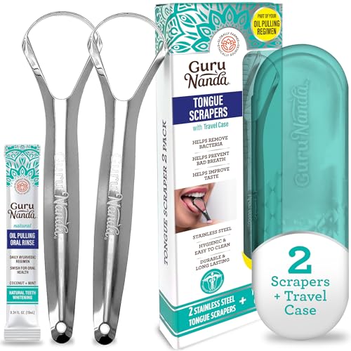 GuruNanda Tongue Scraper for Adults (2 Pack) with Travel Case, 420 Medical-grade 100% Stainless Steel Tongue Cleaner, Aids in Fresh Breath & Oral Care
