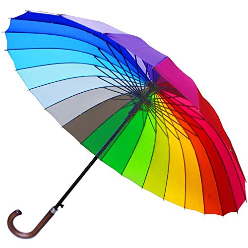 COLLAR AND CUFFS LONDON - 24 Ribs for Super-Strength - Windproof 60mph Extra Strong - Triple Layer Reinforced Frame with Fiberglass - Auto - Hook Handle Wood - Rainbow Canopy Umbrella