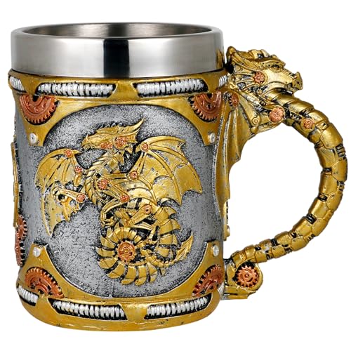 alikiki Medieval Steampunk Dragon Mug - 15.8oz Renaissance Mechanical Dragons Beer Stein Tankard Stainless Coffee Cup Father Day Gift Mug for Dragon Collector Lovers Themed Party Decoration