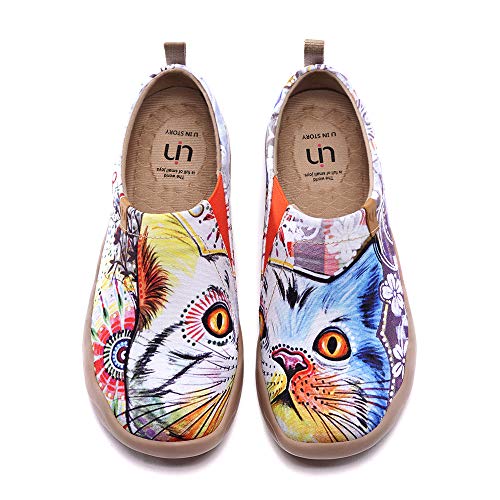 UIN Women's Lightweight Sneakers Comfortable Canvas Slip On Flat Art Painted Cat Travel Shoes Cheer Up (10.5)