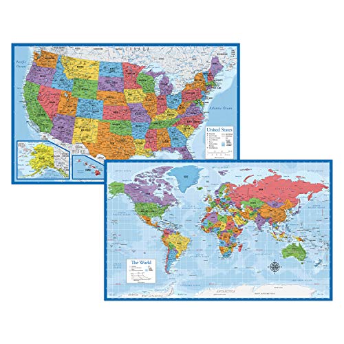 Laminated World Map & US Map Poster Set - 18' x 29' - Wall Chart Maps of the World & United States - Made in the USA (LAMINATED)