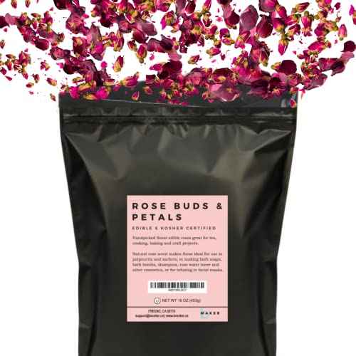 Dried Rose Petals and Rose Buds - Red - 1 Pound Edible Flowers - Use in Tea, Baking, Making Rose Water, Crafting, Wedding Confetti - Included Sample Bottle of Rose Absolute Essential Oil - by bMAKER