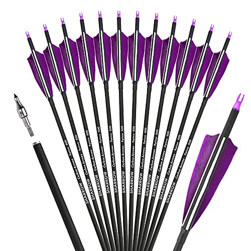 ZSHJGJR 30 Inch Archery Carbon Arrows Hunting Arrows with 4” Turkey Feather Target Practice Arrows Spine 500 for Compound & Recurve &Traditional Bow 6/12pcs (12 x Purple Arrows)