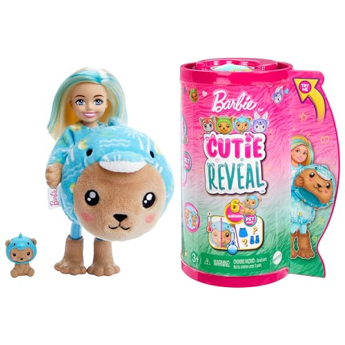 Barbie Cutie Reveal Chelsea Doll & Accessories, Animal Plush Costume & 6 Surprises Including Color Change, Teddy Bear as Dolphin