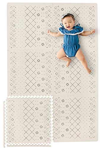 Yay Mats Stylish Extra Large Baby Play Mat. Soft, Thick, Non-Toxic Foam Covers 6 ft x 4 ft. Expandable Tiles with Edges Infants and Kids Playmat Tummy Time Mat (Carter Mudcloth Tan)