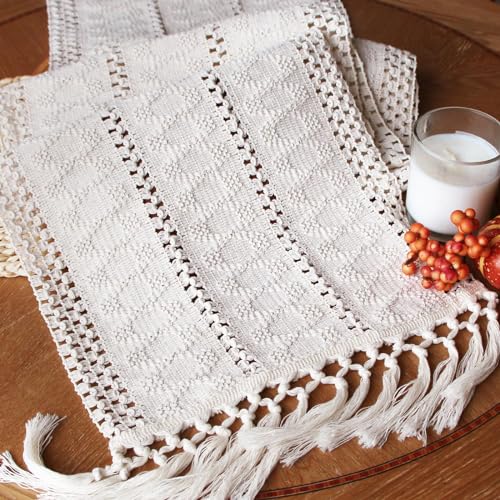 FEXIA Boho Macrame Table Runner 72 Inches Long Cream Table Runner for Farmhouse Home Decor Table Runner with Tassels for Bohemian Dining Bedroom Decor Rustic Bridal Shower (12x72 Inches)