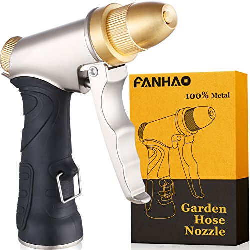 FANHAO Garden Hose Nozzle, 100% Heavy Duty Metal Spray Nozzle High Pressure Water Nozzle with 4 Patterns for Watering Garden, Washing Cars and Showering Pets - Full Brass Nozzle + ABS Non-Slip Grip