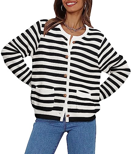 LILLUSORY Women's Striped Sweater Black and White Cardigan 2023 Tweed Long Dressy Cashmere Chunky Knit Cropped Blazer