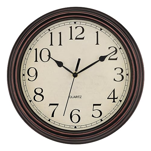 Foxtop 14 Inch Wall Clock Battery Operated Silent Non-Ticking Classic Vintage Retro Wall Clock Decorative for Office Living Room Kitchen Home (Bronze)