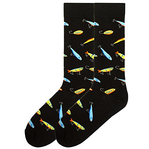 K. Bell Socks Men's Sports and Outdoors Fun Novelty Crew Socks, Lures (Black), Shoe Size: 6-12