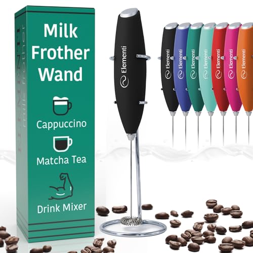 Elementi Milk Frother Wand & Matcha Mixer, Mini Electric Whisk for Coffee - Frother for Coffee - Milk Frother Handheld - Coffee Stirrers Electric Matcha Frother & Hand Whisk (Black)